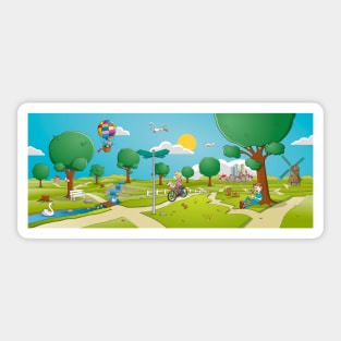 Cheerful summer landscape panorama with various illustrative elements. Sticker